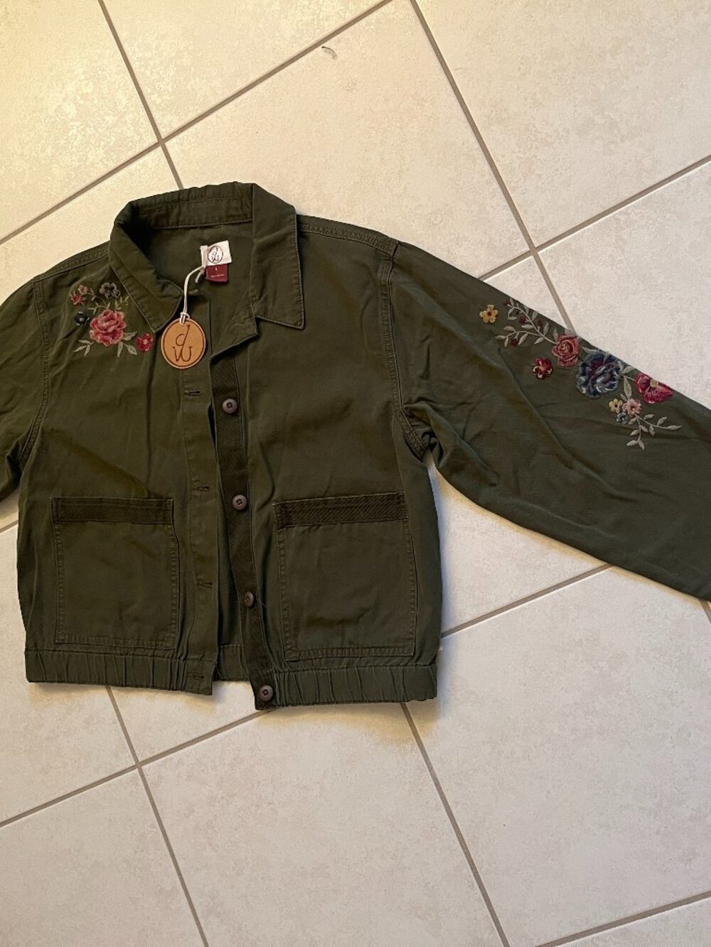 Driftwood Olive Green Floral Embroidered NWT Utility Jacket, Size: L - Picture 2 of 13